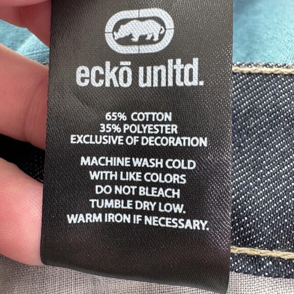 Ecko Unltd Shorts Mens 48 Blue Denim Dark Wash Embroidered Rhino Logo Y2K Baggy - Picture 6 of 10